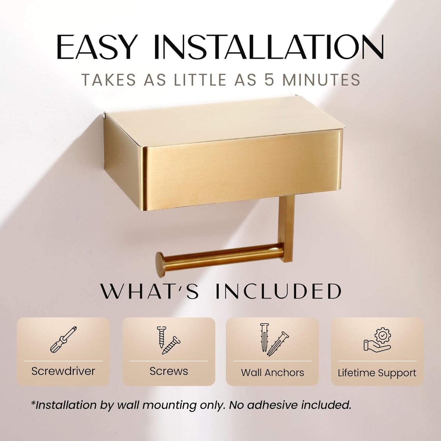 Day Moon™ Brushed Gold Toilet Paper Holder with Shelf, Wipe Holder for Bathroom Flushable Wipes Dispenser, Toilet Paper and Wipes Holder, Toilet Paper Holder with Storage