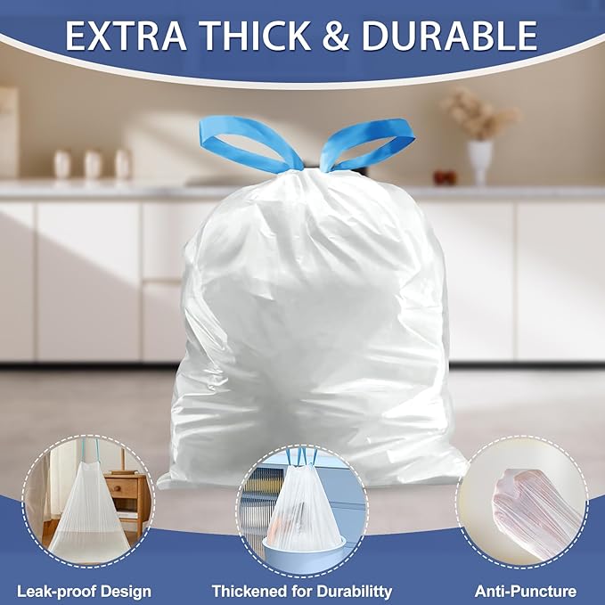 150 Count 3 Gallon Small Trash Bags Drawstring - 0.96 Mil White Garbage Bags Unscented for Bathroom, 12 Liter Strong Plastic Wastebasket Bin Liners for Toilet Office and Bedroom