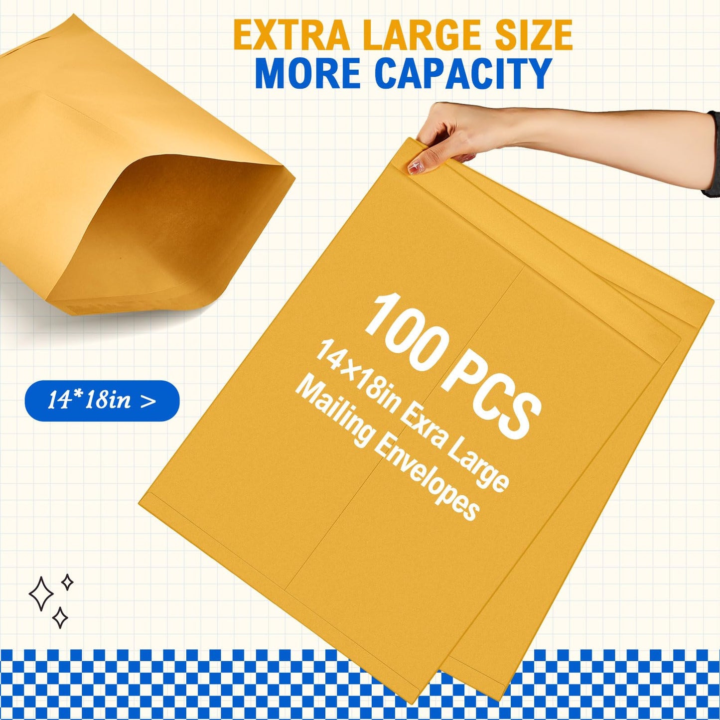 Motipuns 100 Pcs 14" x 18" Extra Large Mailing Envelopes 32lb with Gummed Flaps, Catalog Jumbo Craft Envelopes for Mailing, Storage and Organizing Documents Office Supplies(Yellow)