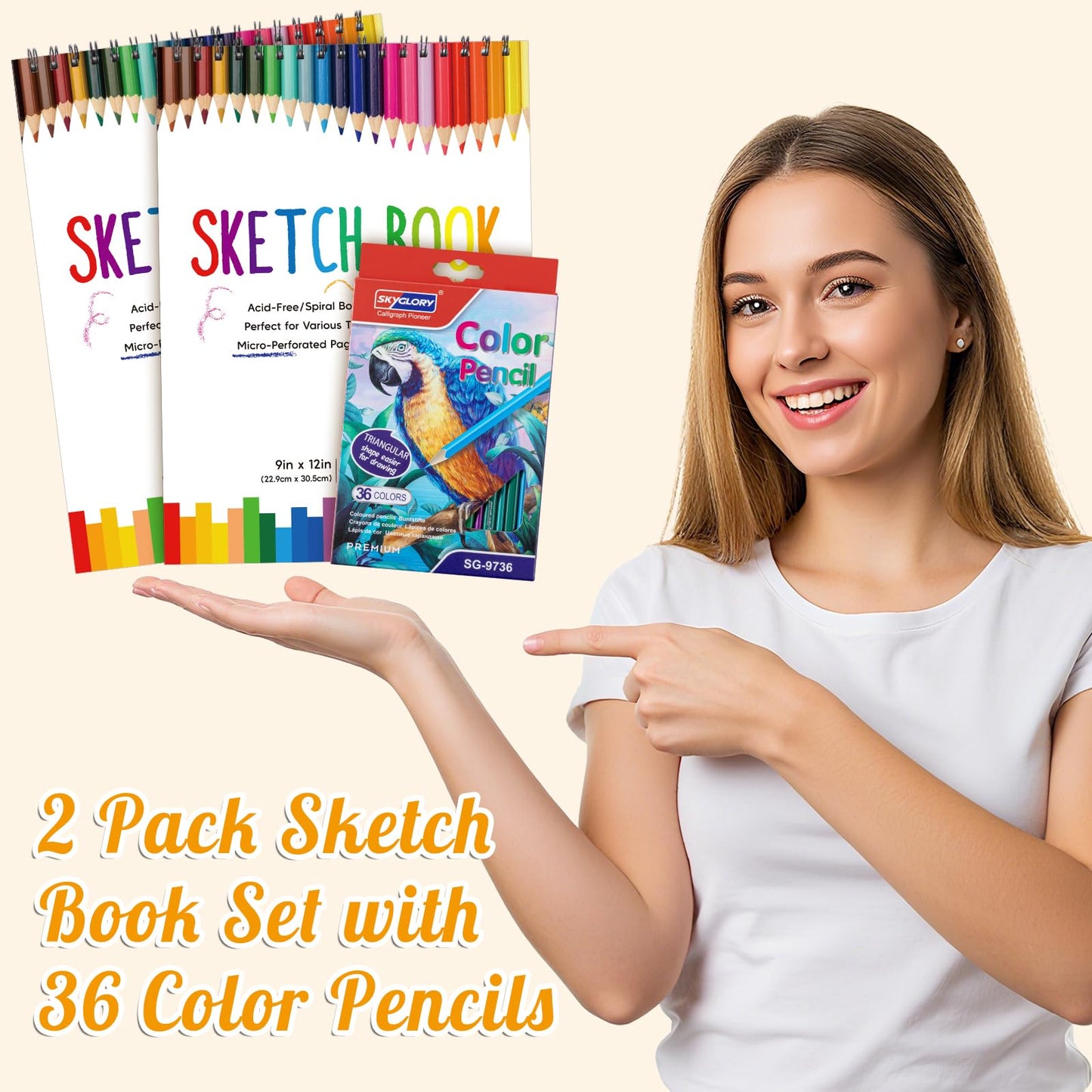2 Pack Sketch Book with 36 Color Pencil Set, Spiral Kids Sketchbook for Drawing (68lb/100gsm), Acid-Free Sketch Pad for Kids Artist, Art Paper Drawing Supplies for Gifts (9×12 inch)