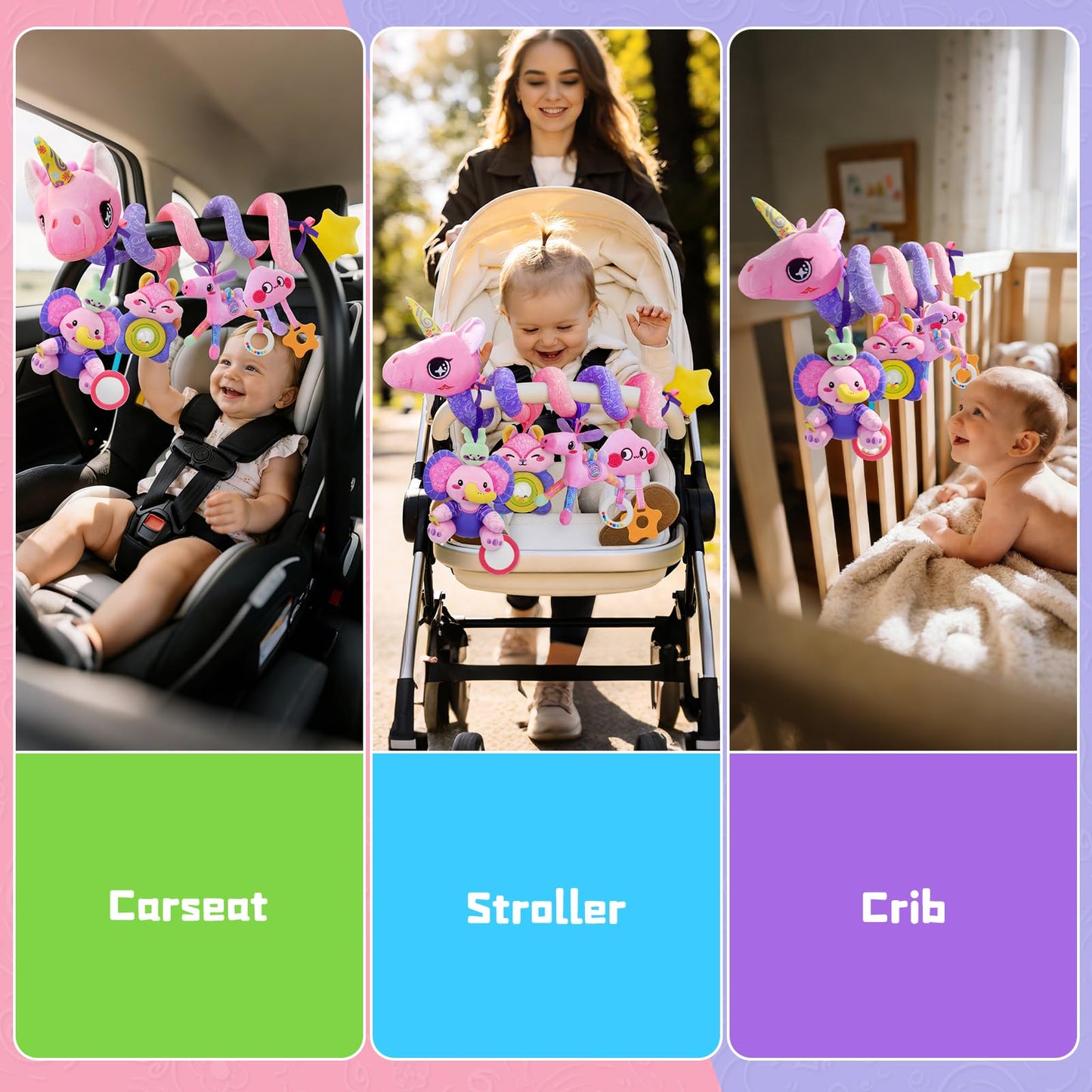 Zendstanding Musical Car Seat Toy for Babies 0-12 Months Girl, 5-in-1 Sensory Activity Hanging Toy Stroller Toy with Soothing Music, Rattle, Mirror for Newborn Infants Essential Gifts, Unicorn