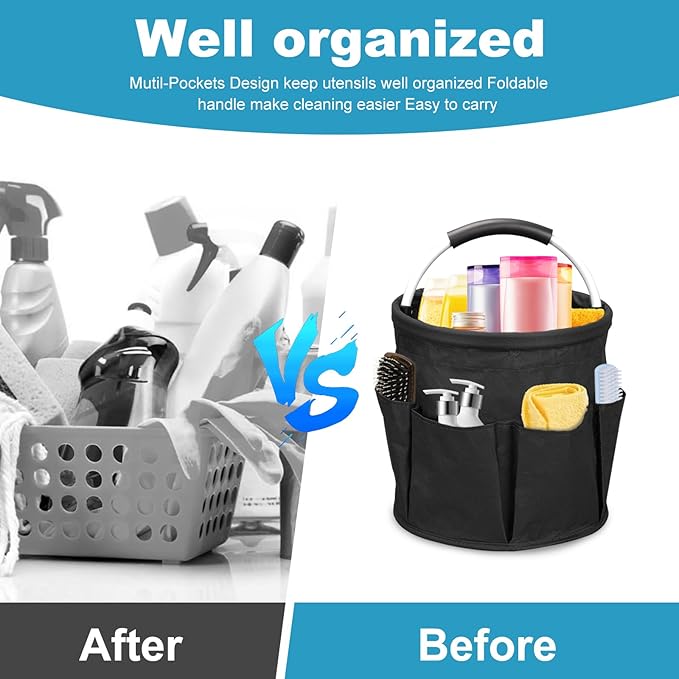 17L Cleaning Caddy with Handle,Foldable Tool Storage Basket,Garden Tool Organizer with 6 Pockets,Portable Cleaning Bucket Organiser for Storing Towels,Home Storage (Black)