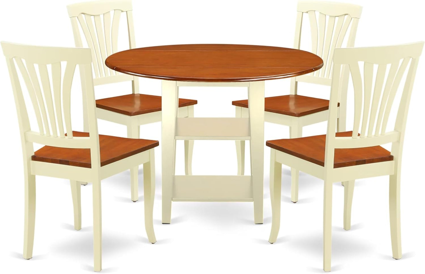 East West Furniture SUAV5-BMK-W 5 Piece Dining Room Furniture Set Includes a Round Dining Table with Dropleaf & Shelves and 4 Wood Seat Chairs, 42x42 Inch, Buttermilk & Cherry