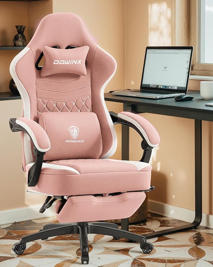 Dowinx Gaming Chair with Footrest, Breathable Fabric Gamer Chair with Gel Pad and Storage Bag, Ergonomic Office Chair with Lumbar Support for Home Task, Pink