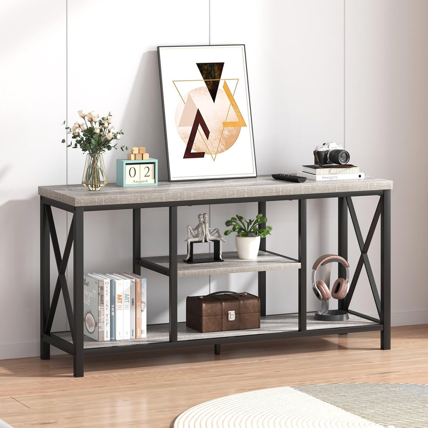 FOLUBAN Modern TV Stand for TVs up to 55 Inch, Rustic Wood Entertainment Center with Storage Shelves, Industrial Media TV Console and TV Table for Living Room Bedroom, 47 Inch Light Grey