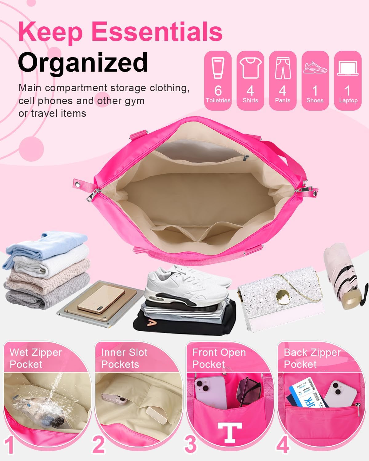 Overnight Bag for Kids Teen Girls Weekender Dance Bag Birthday Graduation Gifts,Initial Travel Duffel Bag Sports Gym Bag Personalized Weekender Bag Carry On Bags Preppy Gifts for Women(Hot Pink, T)