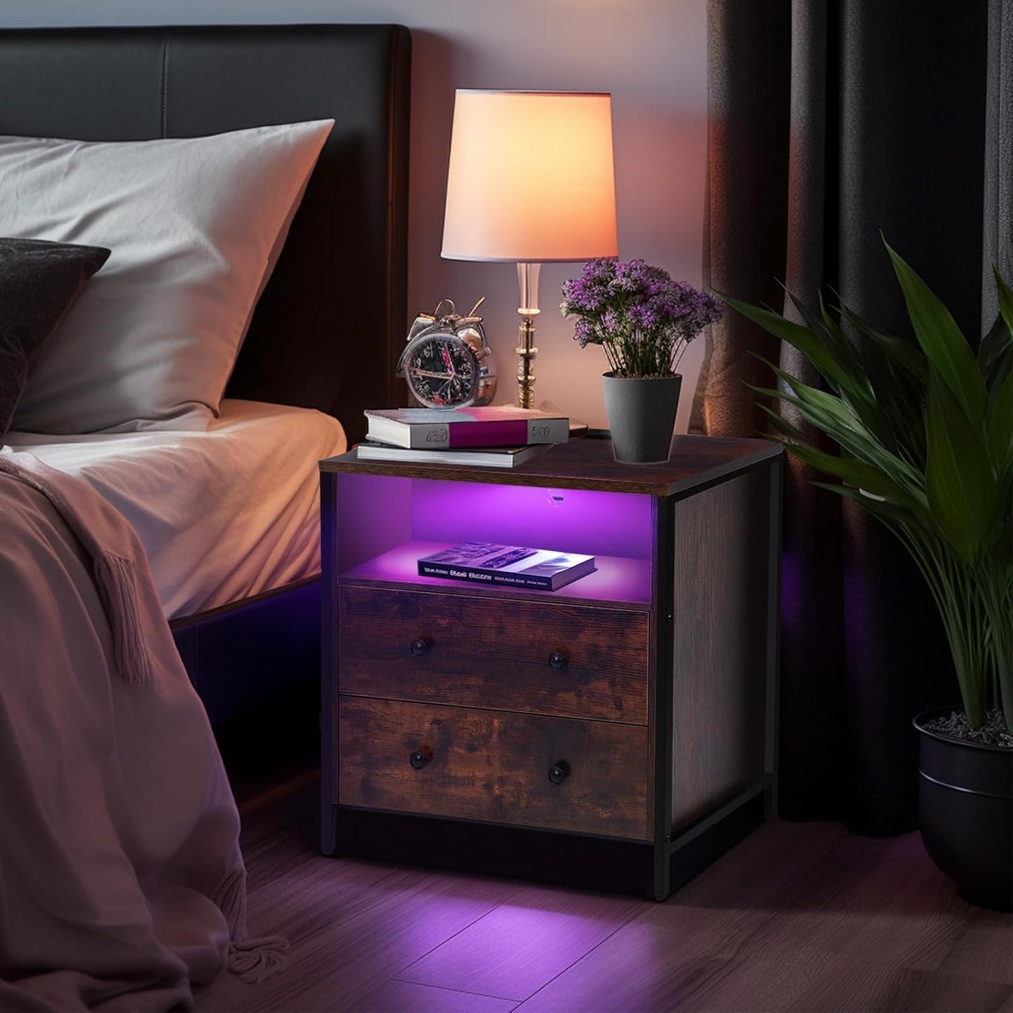 27 Inch Wide Night Stand, Large Wood Night Stand Set 2 with 2 Drawers, LED Nightstand with Charging Station and Adjustable Drawer, Bedside Table for Living Room/Bedroom/Study/Office, Retro.