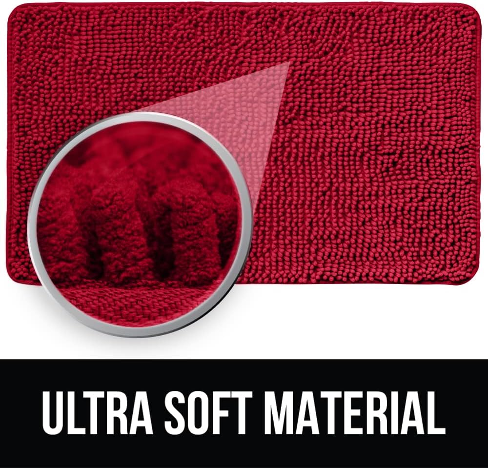 KANGAROO Bathroom Rugs, Chenille Soft Absorbent Bath Rug, Shaggy Shower Mat, Quick Dry Machine Wash Bathmat, Plush Carpet Mats for Tub, Bathtub and Room Home Decor Accessories, 30x20, Red