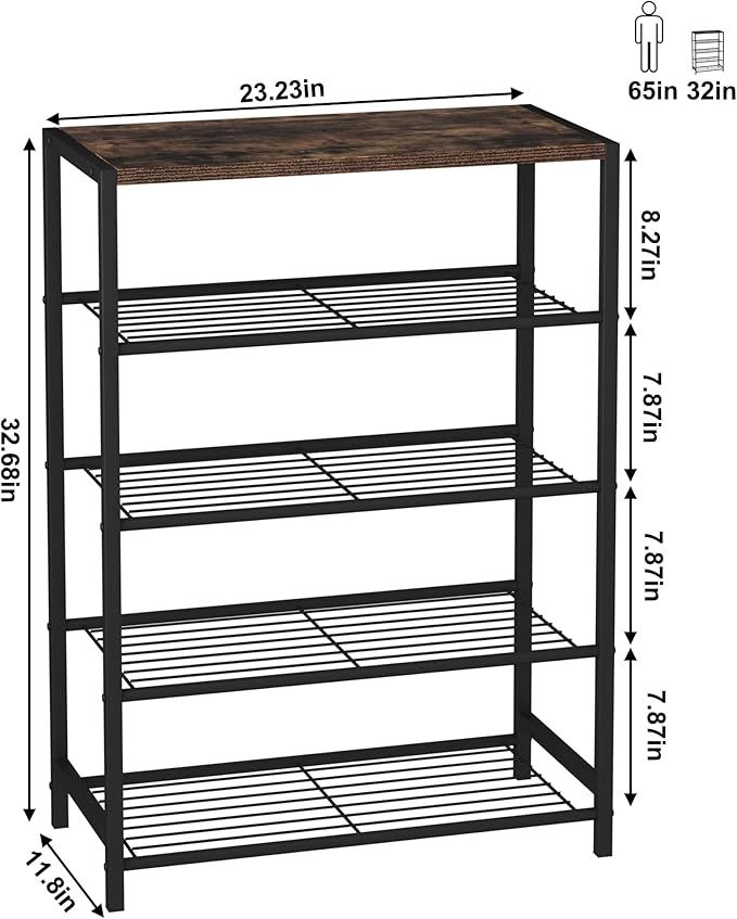 HOMEFORT 5-Tier Shoe Rack, Shoe Storage Shelf with MDF Top Board, Shoe Rack Organizer, Each Tier Fits 3 Pairs, Entryway Shoe Stand with Sturdy Shelves, Rustic Brown