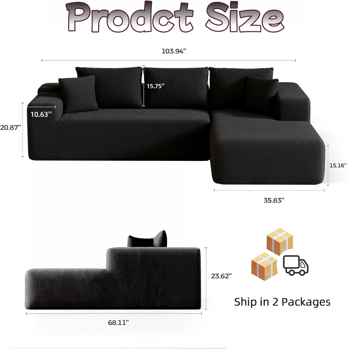 Cloud Sectional Couch, 104”L-Shape Oversized Sofa with Left Chaise Lounge, Modular Sleeper Couch with Pillows & Deep Seat, Rain Drop Velvet Fabric Compressed Sofa for Living Room, Black