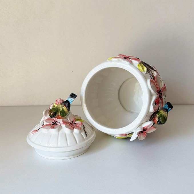Ceramic Food Storage Containers with Lids, 3D Hand-painted Magnolia Flower and Bird for Home Kitchen Countertop Decorative Collection Jars