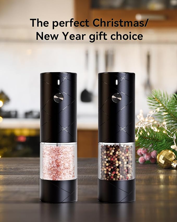 Electric Salt and Pepper Grinder Set with Adjustable Coarseness, Rechargeable Automatic Salt and Pepper Grinder Set with One Hand Operated and LED Light, Salt Grinder & Pepper Mill for Family BBQ