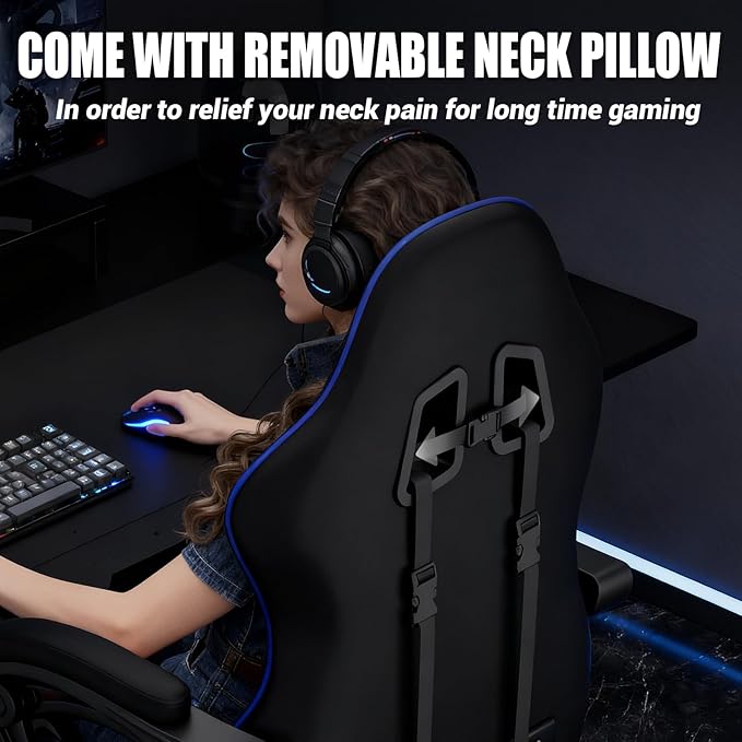 Gaming Chair with Footrest Racing Style Lumbar Support Massager Video Game Chair with Metal Legs, High Back Reclining Gamer Chair with Headrest, 360° Swivel Office Computer Desk Chair (Blue)