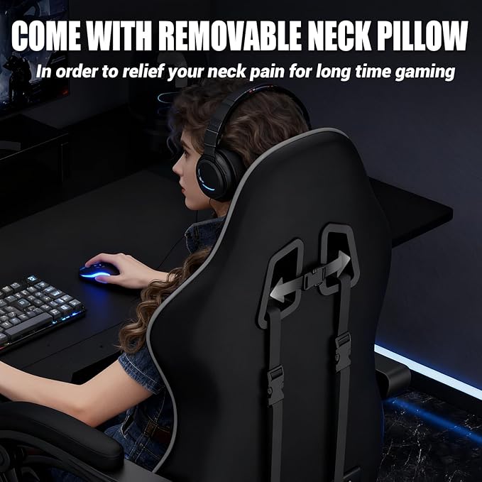 Gaming Chair with Footrest Racing Style Lumbar Support Massager Video Game Chair with Metal Legs, High Back Reclining Gamer Chair with Headrest, 360° Swivel Office Computer Desk Chair (Gray)