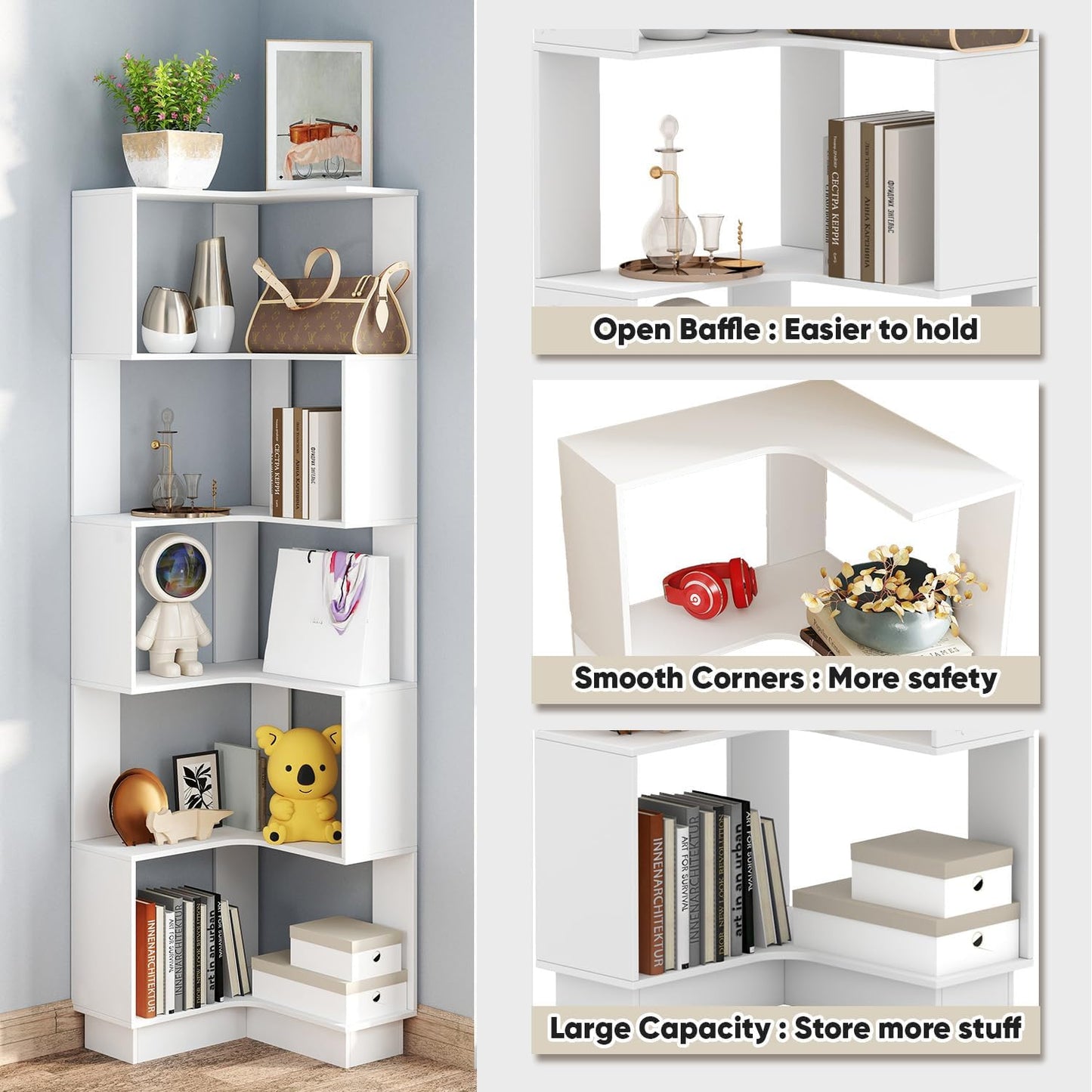 Corner Bookshelf, 68.9" Tall Wooden Corner Bookcase 5 Tiers L-Shaped Storage Freestanding Display Rack Large Open Bookshelf with Fixture for Living Room Bedroom Study Office (White)