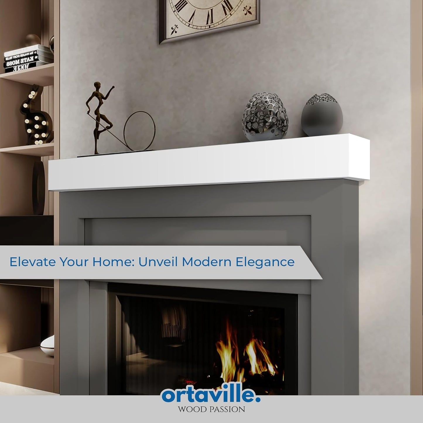 66" Floating Mantel Shelf - Modern White Fireplace Mantel with Matte Lacquer Finish for Living Room Elegance (66", White)