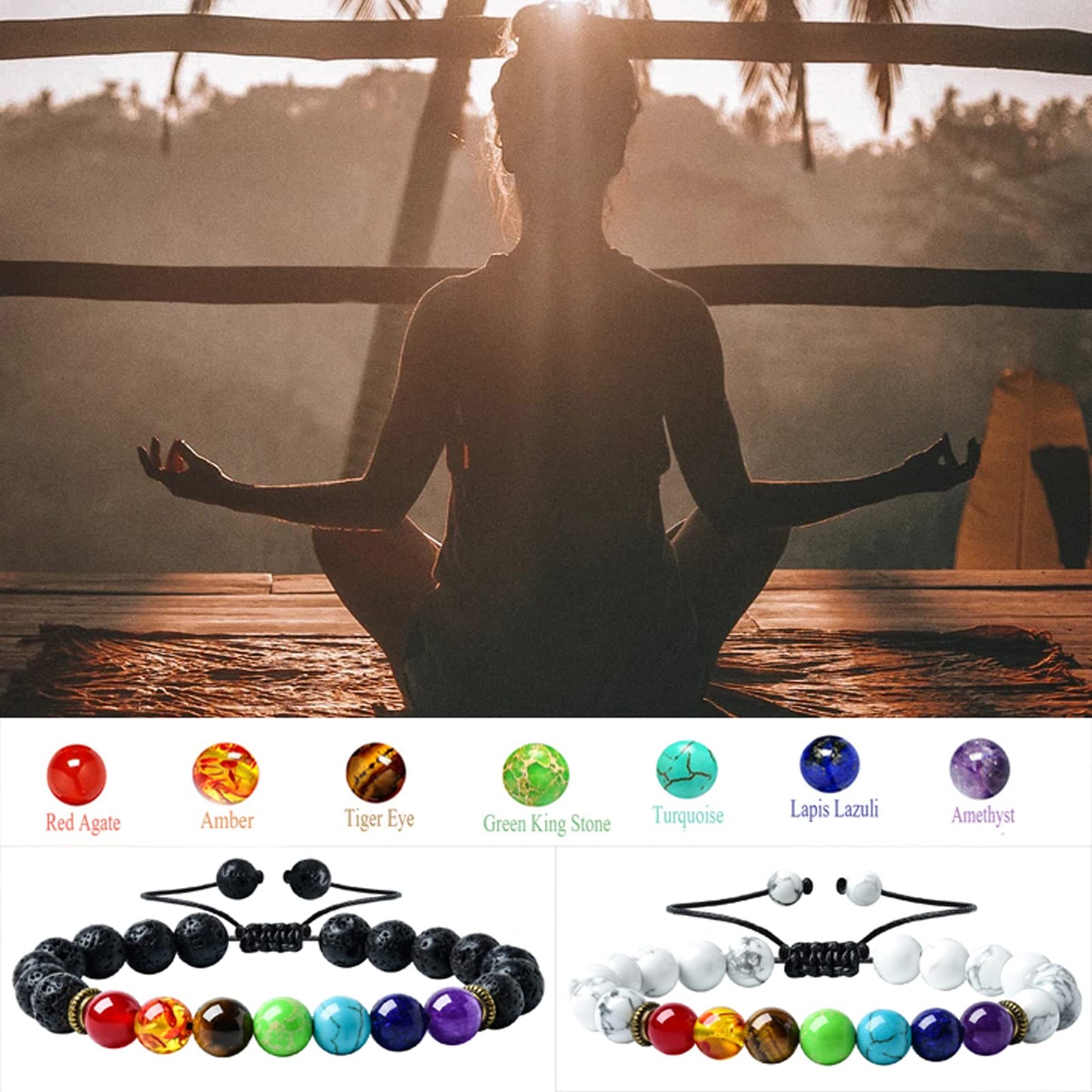 HEDQFM 2 PCS Chakra Bracelets Lava Rock Stone Aromatherapy Essential Oil Diffuser Adjustable Woven Bracelet and Elastic Rope Bracelet for Men and Women