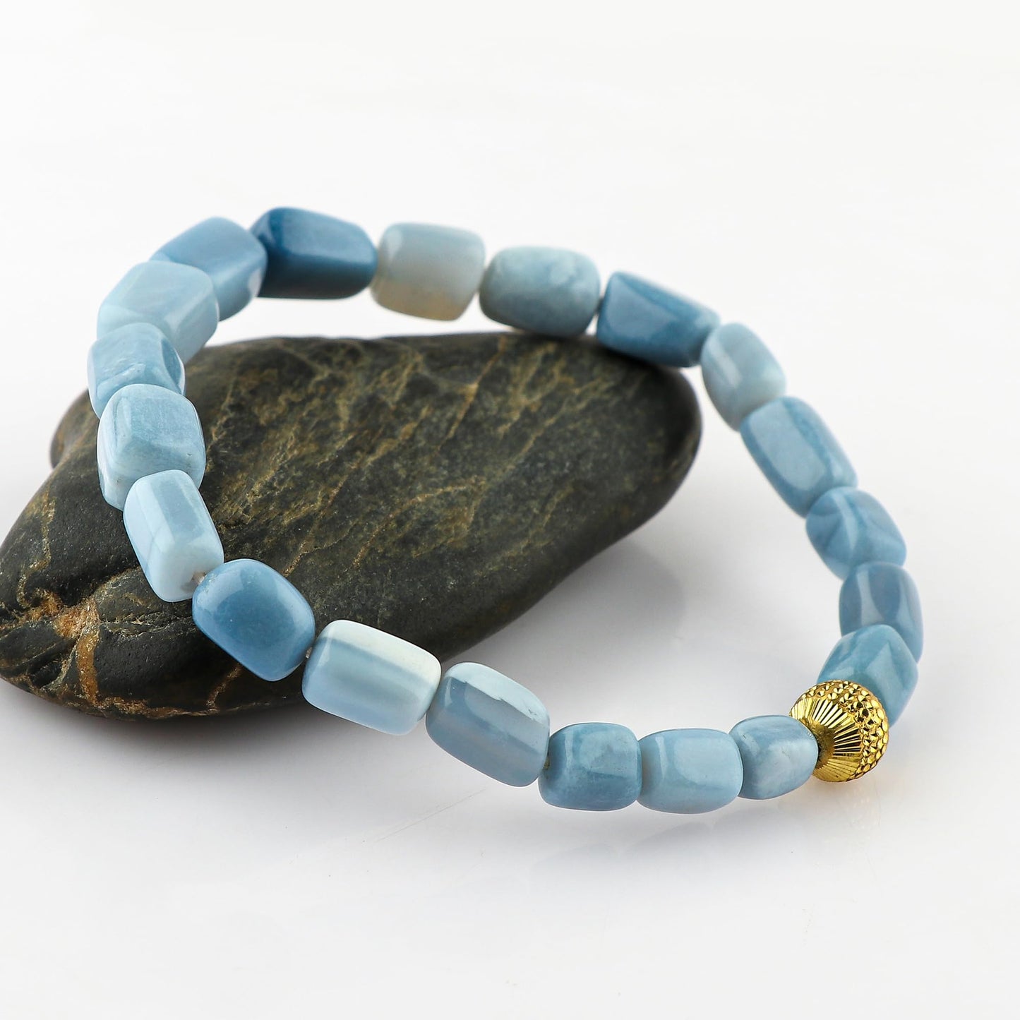 CRYSTALIS Blue Opal Elastic Stretch Bracelet, Natural Beads, Chakra Healing Jewelry for Men & Women, Adjustable Bracelet, Everyday Wear, Gift Giving Bracelet, 7.25 to 7.50 inch