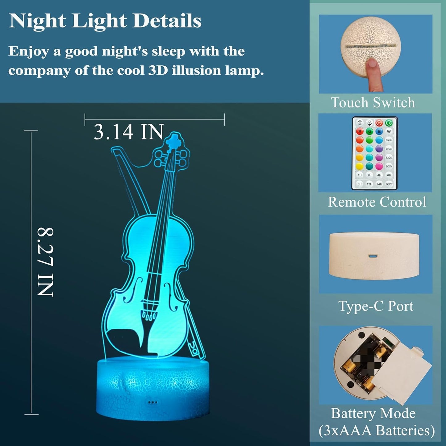 Violin Night Light, Violin Gifts, Cello 3D Illusion Lamp with 16 Colors Changing, Timer, 4 Flash Modes and Dimmable, Kids Boys Girls Room Decoration, Holiday Xmas Music Gifts