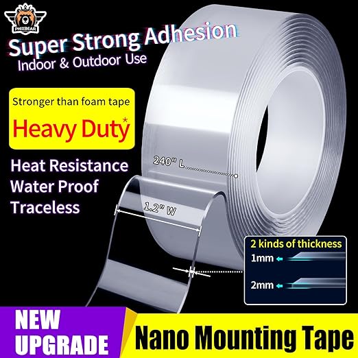 Extra Large 1.2" x 240" Super Heavy Duty Double Sided Mounting Tape, Clear & Tough Nano Strong Adhesive Tape