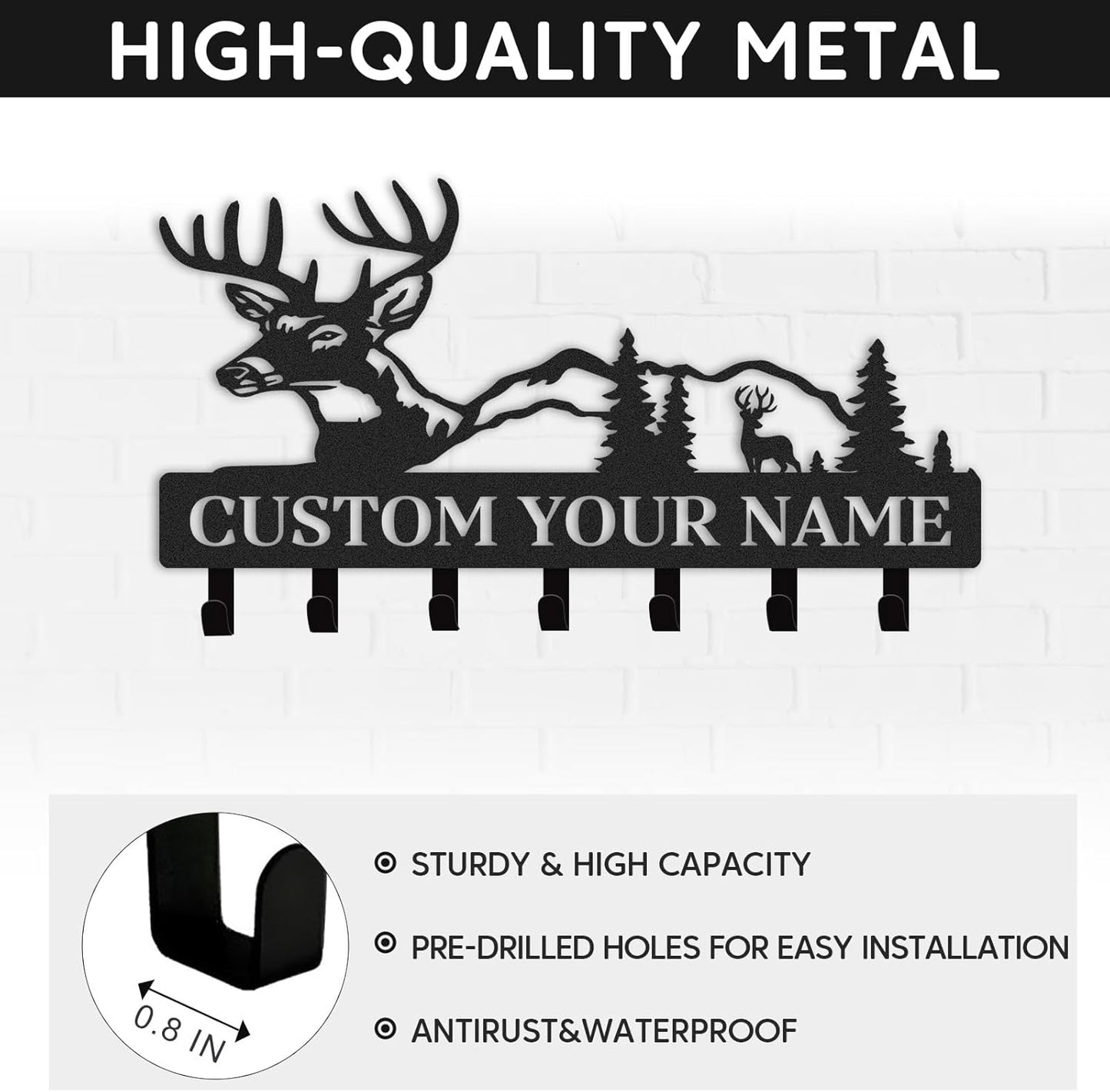 Personalized Key Holder for Wall, Custom Metal Deer Key Hooks with Name, Hunting Cabin Decor, Metal Key Organizer Wall Decoration for Hallway Entryway Kitchen Office Farmhouse, Deer Hunter Gift