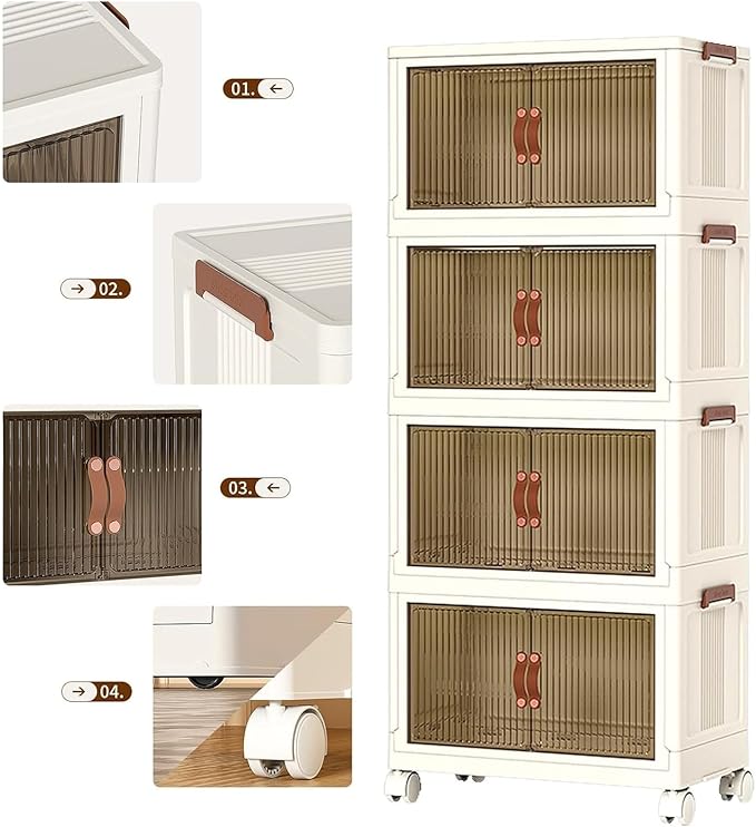 4-Tier Foldable Storage Containers with Wheels, Large Clear Plastic Storage Bins with Lids, Stackable Organizer Boxes, 350 QT Capacity, Save Space, White (4 Tier, 25.8″)