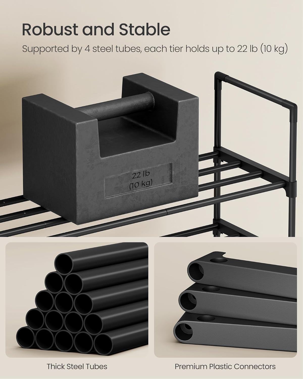 SONGMICS Shoe Rack, 3-Tier Shoe Organizer, Metal Storage Shelf, Upright or Upside Down, for 8-12 Pairs, Stackable, for Entryway, 11.8 x 26.8 x 21.7 Inches, Black ULSA203B01