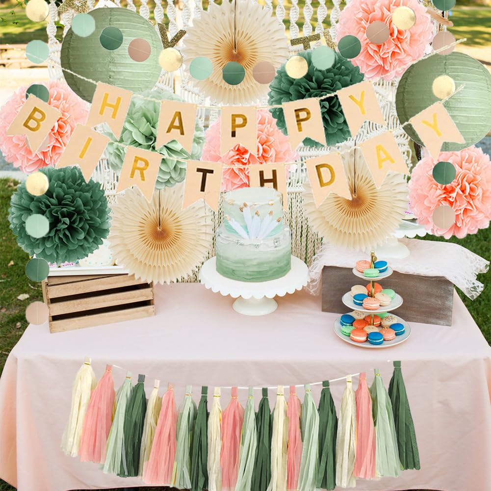 Sage Green and Peach Birthday Decorations Boho Beige Peach and Olive Green Birthday Decorations for Women Girls Cream Fans Pom Poms Sage Olive Pink Cream Tassel Garland Party with Banner Beige Gold