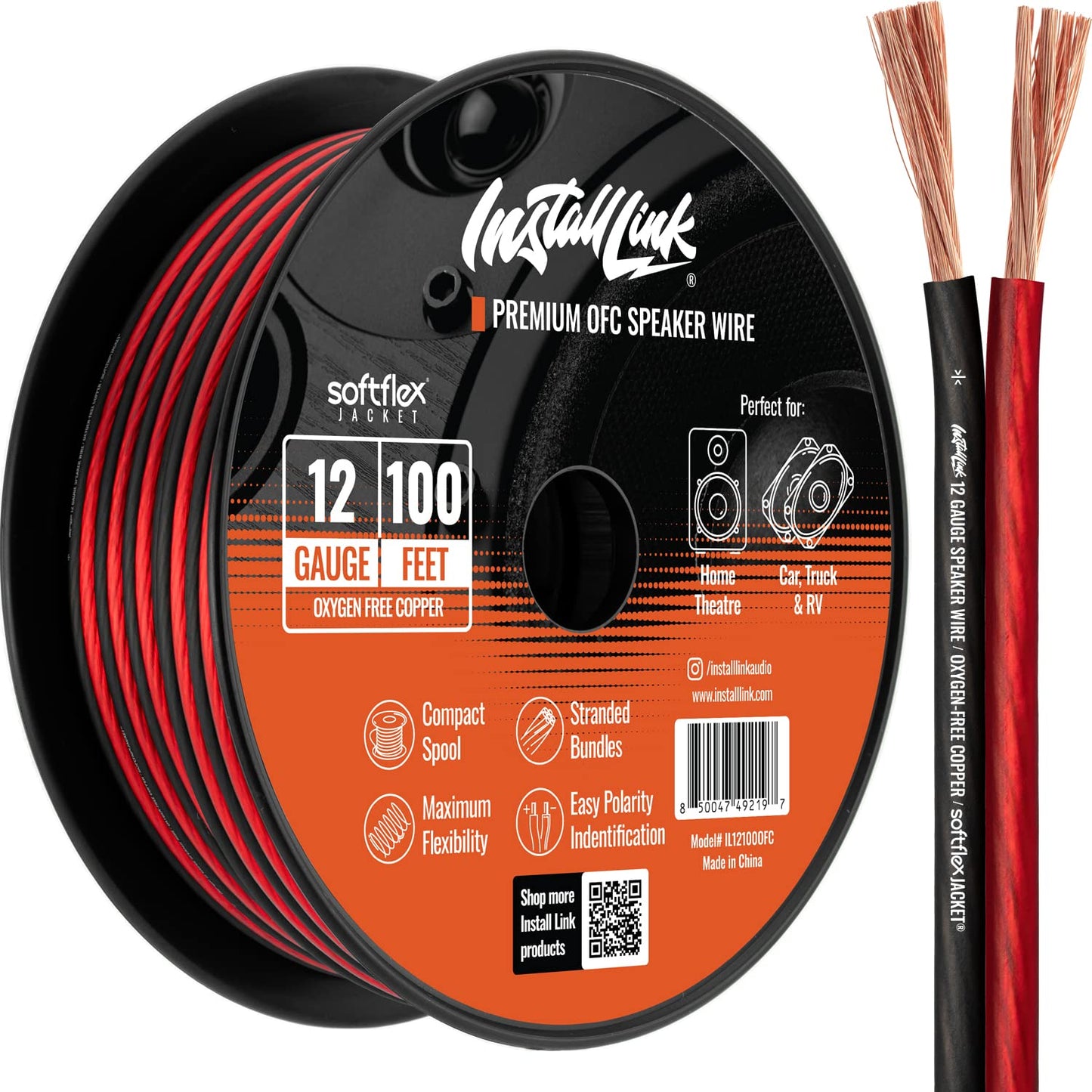 12 Gauge Pure Copper Speaker Wire (OFC) by Install Link  100 Feet  for Car or Home Theater-New