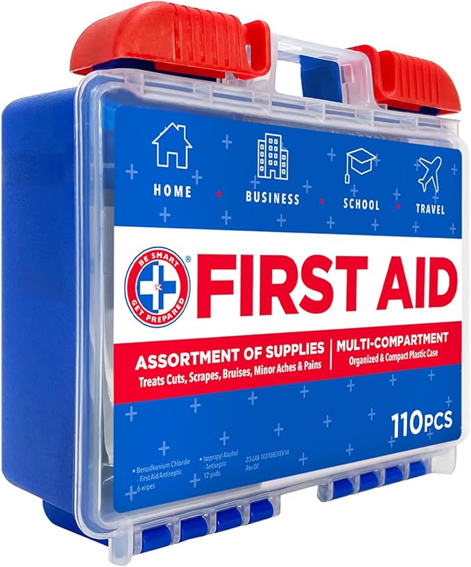 Be Smart Get Prepared 110 pc First Aid Kit: Clean, Treat, Protect Minor Cuts, Home, Office, Car, School, Business, Travel, Emergency, Outdoor, Camping & Sports, FSA/HSA (Packaging may vary)