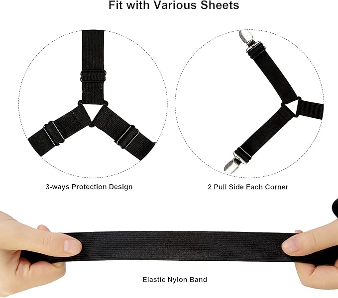 Attmu Bed Sheet Straps, 2 Pack Fitted Bed Sheet Fasteners Clips Adjustable Crisscross Bed Sheet Holder Straps for Corners Mattress Sheet Suspenders Grippers Bedding Accessories, Black