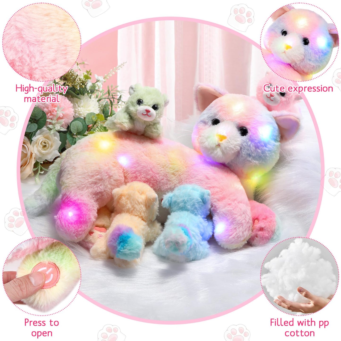 Skylety Nurturing Cat Stuffed Animal with 4 Plush Kittens, Cats Baby Stuffed for Girls Boys Plushy Mommy Kitty with Baby Kittens for Birthday Party Favors Gifts(LED Style)