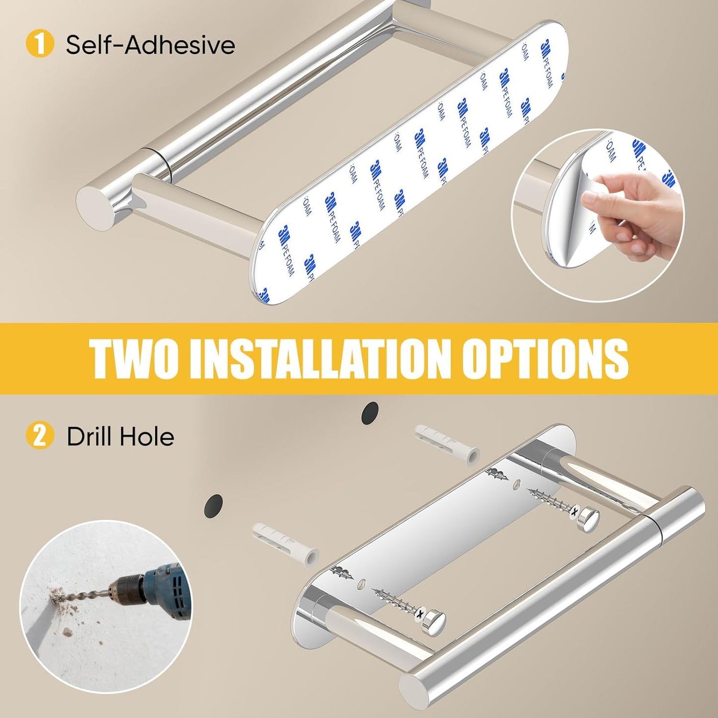 BESy Adhesive or Screw Toilet Paper Holder Wall Mount Rustproof Modern Roll Holder Flexible Pivoting Adjustable Tissue Handle with Self Adhesive or Mounted with Screws Stainless Steel Polished Chrome