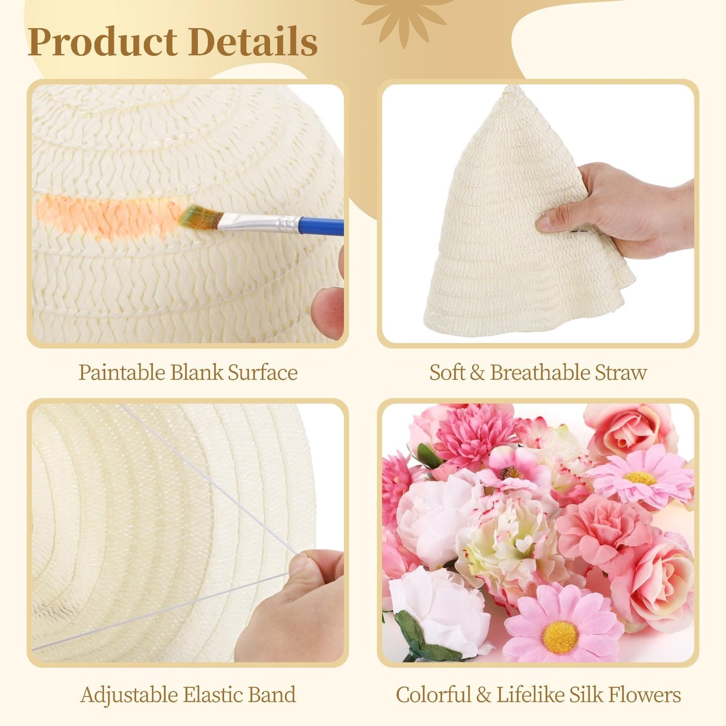 OMISTAR 70 Pcs DIY Straw Hat Kit, Tea Party Hats, Paintable Blank Sun Hats with 60 Assorted Faux Flowers, Party Craft Kit for Camping, Picnic, Beach Trip, Dress Up Party
