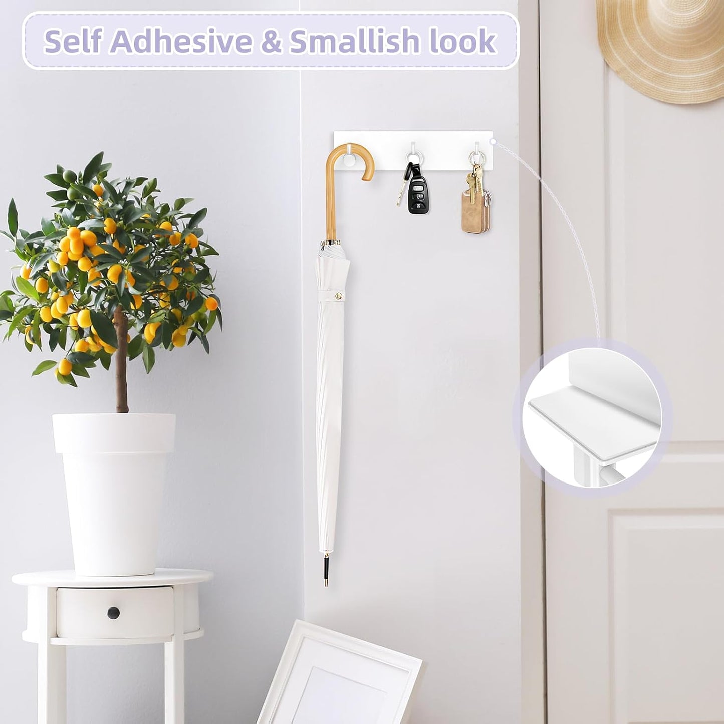 VIS'V Key Holder Wall Mount, Small Metal Self Adhesive Key Hanger with 3 Hooks, No Drilling, Extra Adhesive Strip, White