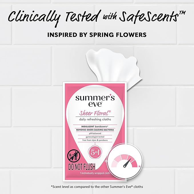 Summer's Eve Sheer Floral Daily Refreshing Feminine Wipes, Removes Odor, pH Balanced, 12 Count, 5 Pack