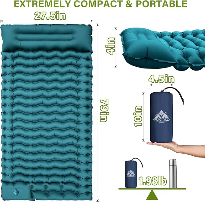 Camping Sleeping Pad, Ultralight Camping Pad with Pillow Built-in Foot Pump Inflatable Sleeping Mat Compact for Camping Backpacking Hiking Traveling