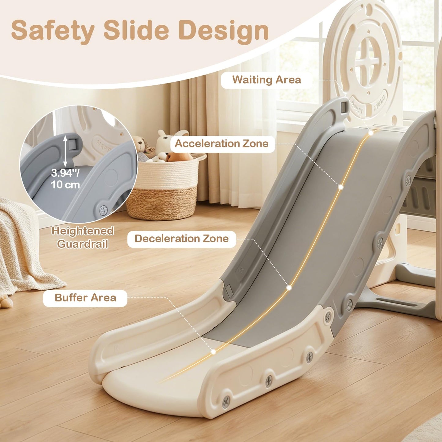 OLAKIDS Toddler Slide and Swing Set, 5 in 1 Bus Themed Baby Slide with Climber Basketball Hoop Car Playhouse for Indoor Outdoor Boys Girls Aged 3+ (Grey)