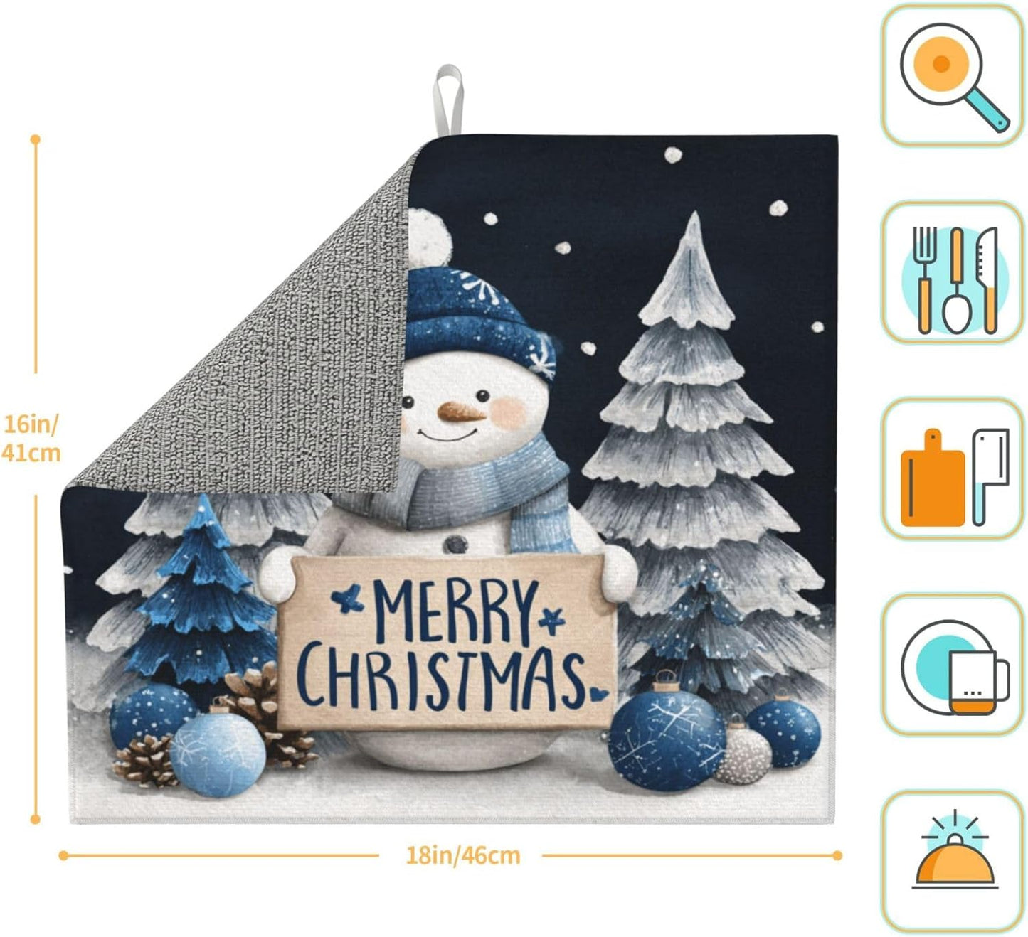 Dish Drying Mat Snowman Christmas Black Absorbent Microfiber Non Slip Quick Dry Heat Resistant Holiday Decorative Kitchen Counter Mat for Plates Cups Glasses 16x18 Inch