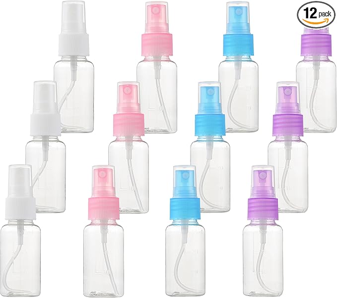 SINIDE Spray Bottles 30ml/1oz, 12 Pack Clear Empty Fine Mist Plastic Mini Travel Bottle Set, Portable Refillable Makeup Sprayer Containers for Perfume, Liquids, Aromatherapy, Small Size