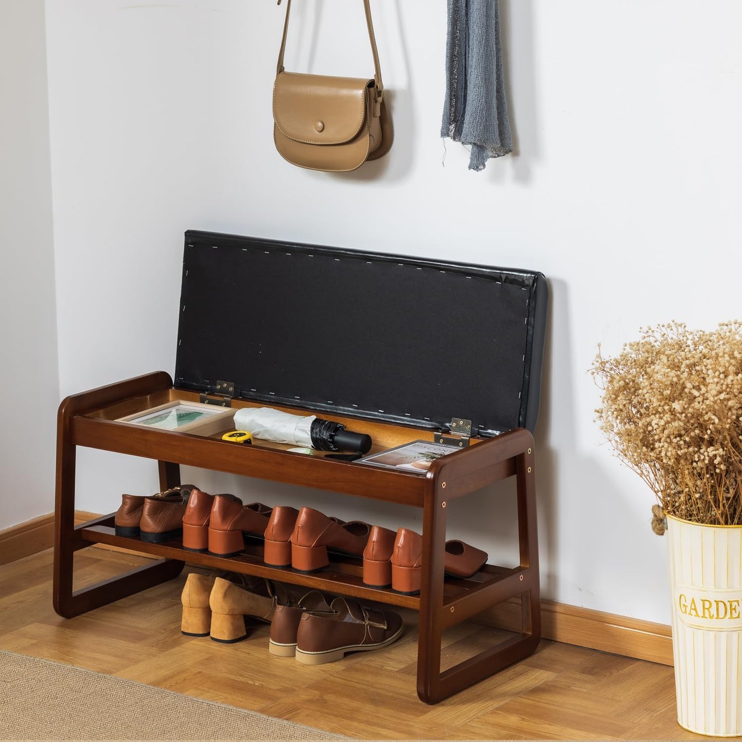 Solid Wood Shoe Bench, 2-Tier Entryway Bench with Cushion and Flip-Open Storage Box, Mid-Century Modern Shoe Bench Rack for Hallway, Mudroom(Black, 31.5'')