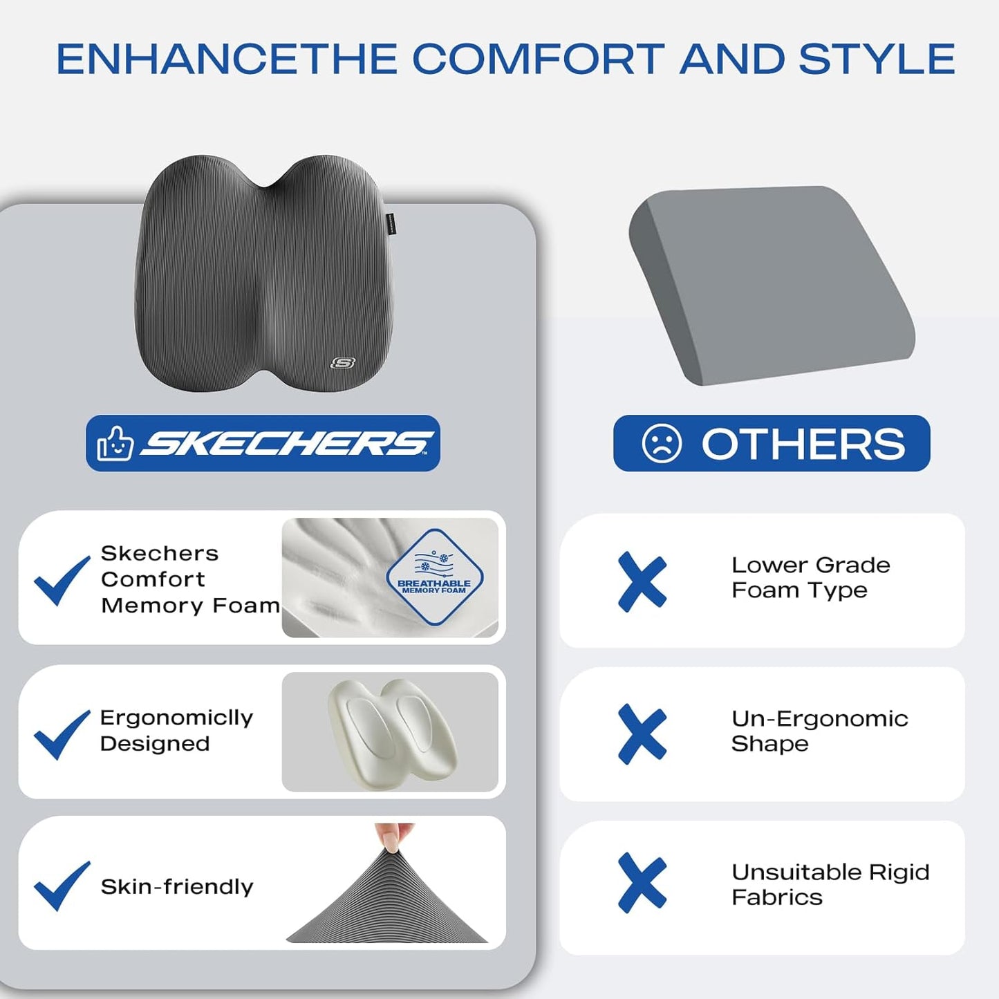 Skechers Memory Foam Seat Cushion,Ribbed Fabric Office Chair Cushion for Tailbone Pain Relief,Butt Pillow for Office Chair,Car Seat Cushion,Long Sitting Office Workers,and Car Drivers,Gray
