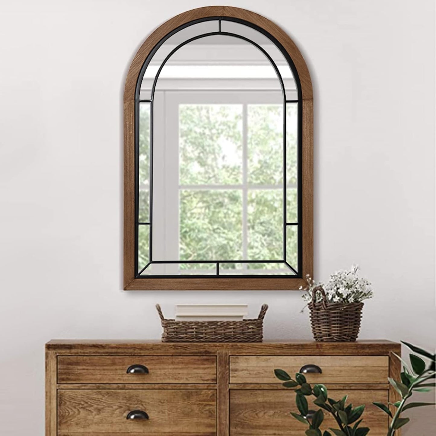 blue page Arched Mirror, Farmhouse Wall Decor Accent, Rustic Wood Framed Mirror Like Window for Bathroom Vanity, Bedroom, Entryway, and Living Room