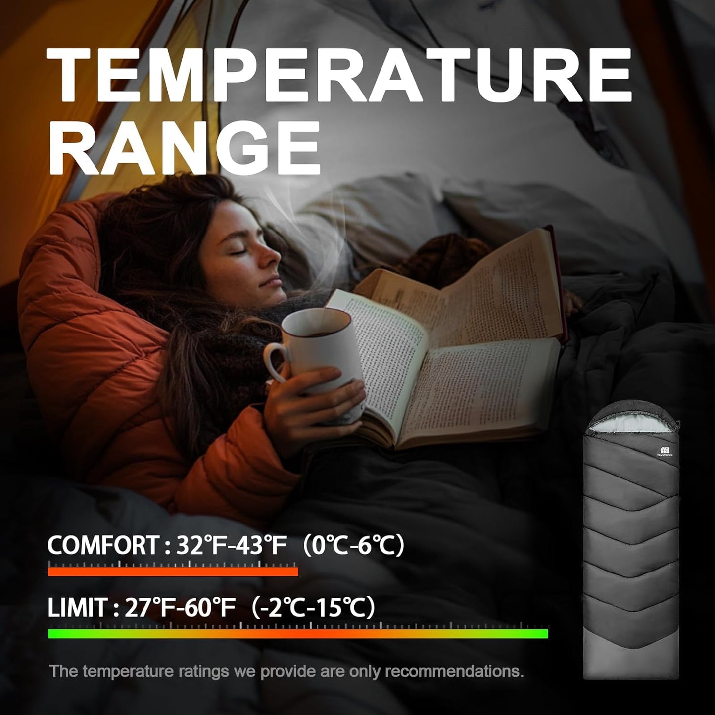 Sleeping Bags for Adults Cold Weather,Portable, Waterproof,Lightweight Sleeping Bag for Tall Girls Boys with Compression Sack for Warm Camping, Hiking, Outdoor & Indoor