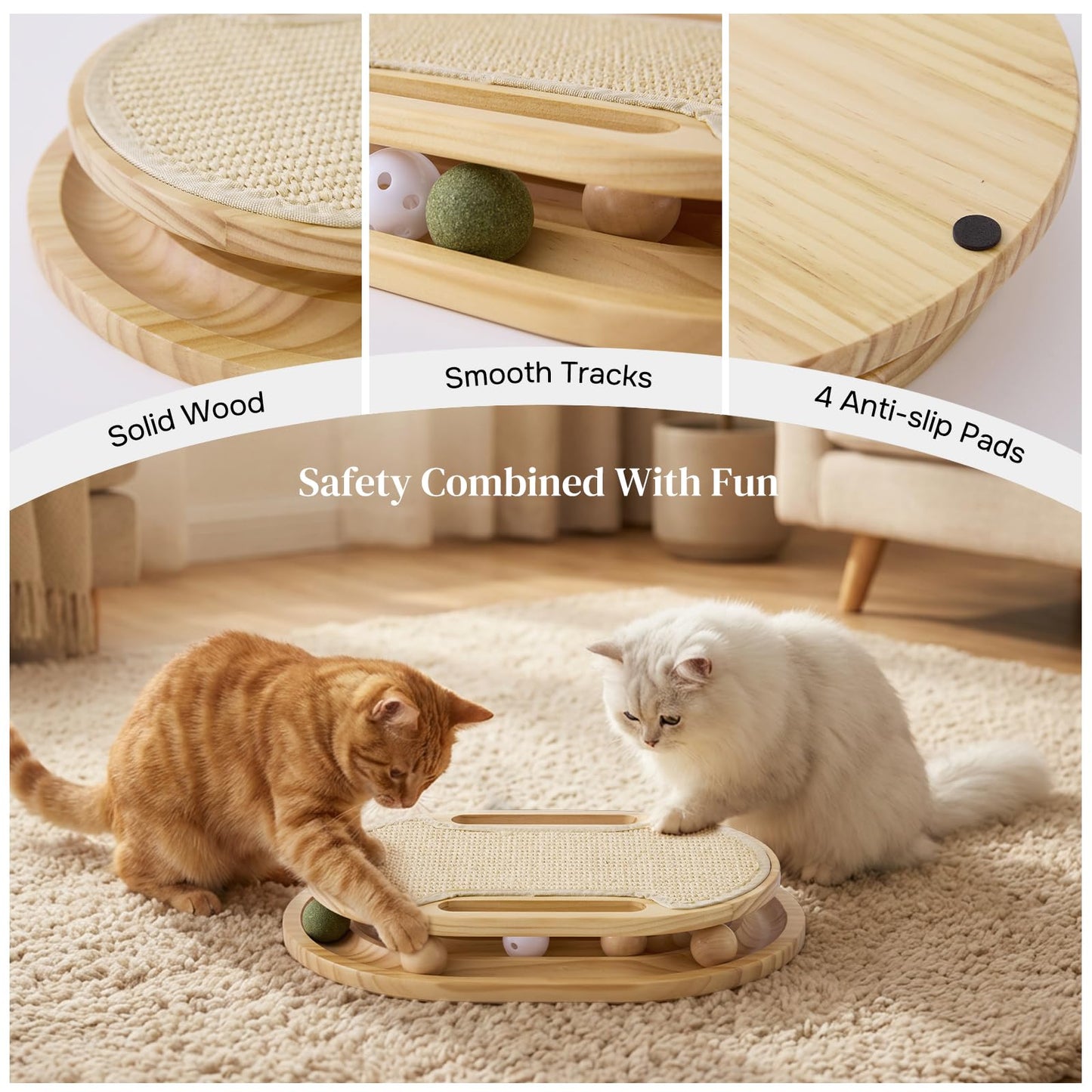 ZOMISIA Cat Scratcher with Ball Track Toy, Sisal Scratch Pad for Indoor Adult Cats, Wooden Interactive Cat Puzzle Toys for Kitten Mental Stimulation Self Play Home Enrichment