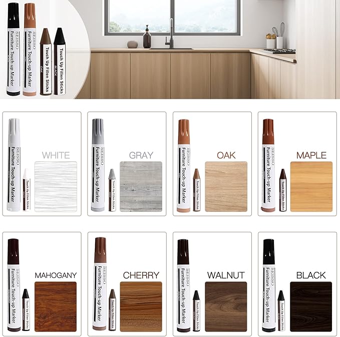 SEISSO Furniture Markers Touch Up - Set of 17 - Furniture Scratch Repair Markers Kit, Wood Touch Up Markers and Wax Sticks with Sharpener, for Scratches, Stains, Floors, Laminate, Cabinet