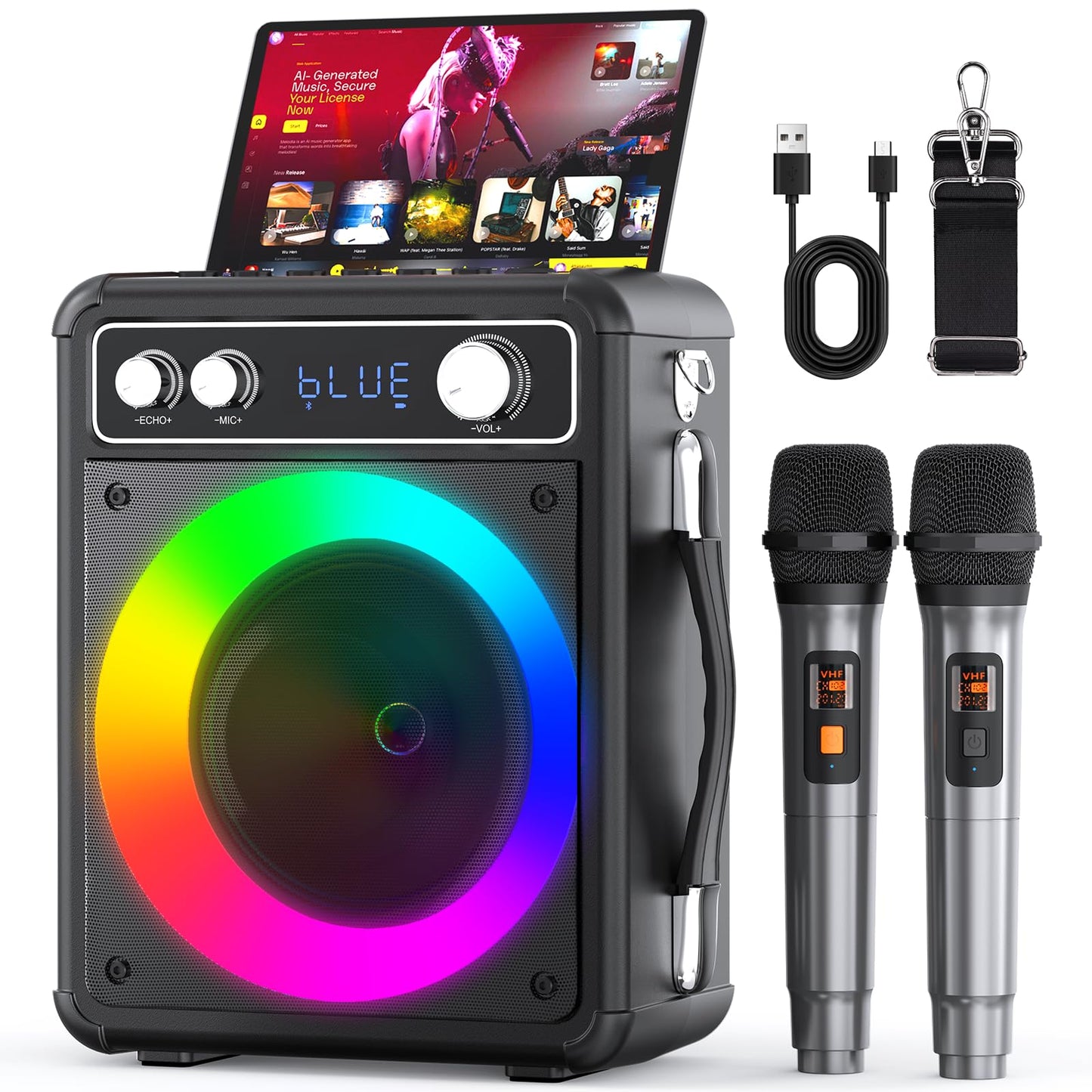 VOSOCO Karaoke Machine, Portable Bluetooth Karaoke Speaker with 2 Wireless Microphones, PA System for Adults Kids with LED Light
