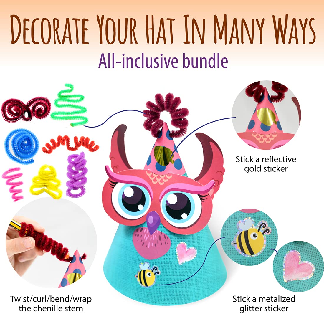 Glittery Garden Woodland Themed Christmas Party Hats Making Kit c/w Chenille Stems & Stickers. Group Activities, DIY Art Craft Home Project. Birthday, Easter & Fiesta Decoration for Kid