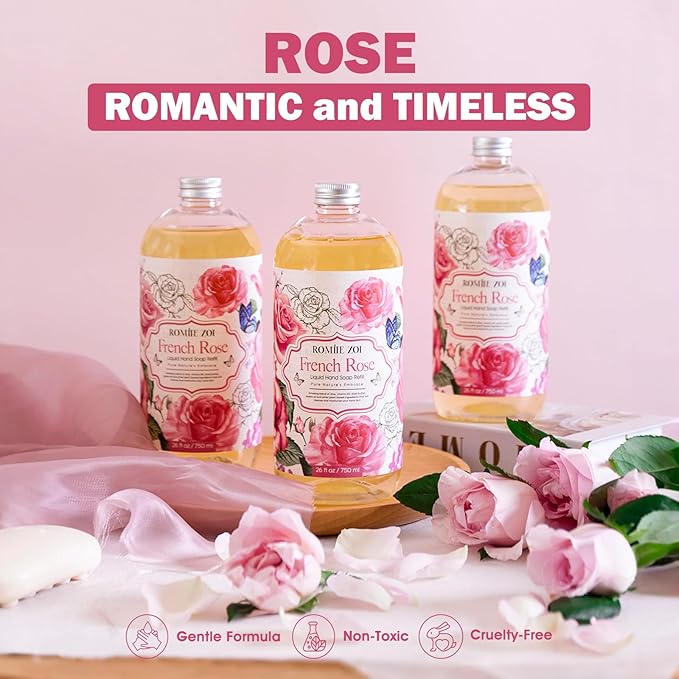 ROMIIE ZOI Rose Liquid Hand Soap Refill Gift Set – 3 Pack (26 Fl Oz Each), Romantic Floral Scent, Moisturizing & Gentle, Biodegradable Formula with Essential Oils for Bathroom, Kitchen