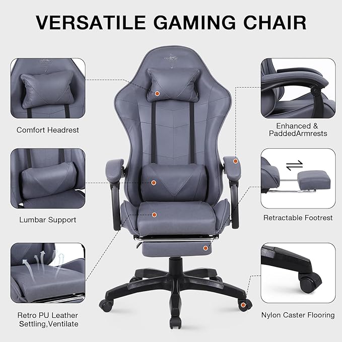 High-Back PC Gaming Chair Office Chair, Desk Task Chair Computer Racing Chair, PU Ergonomic Executive Swivel Rolling Chair with Lumbar Support for Women, Men (Grey)